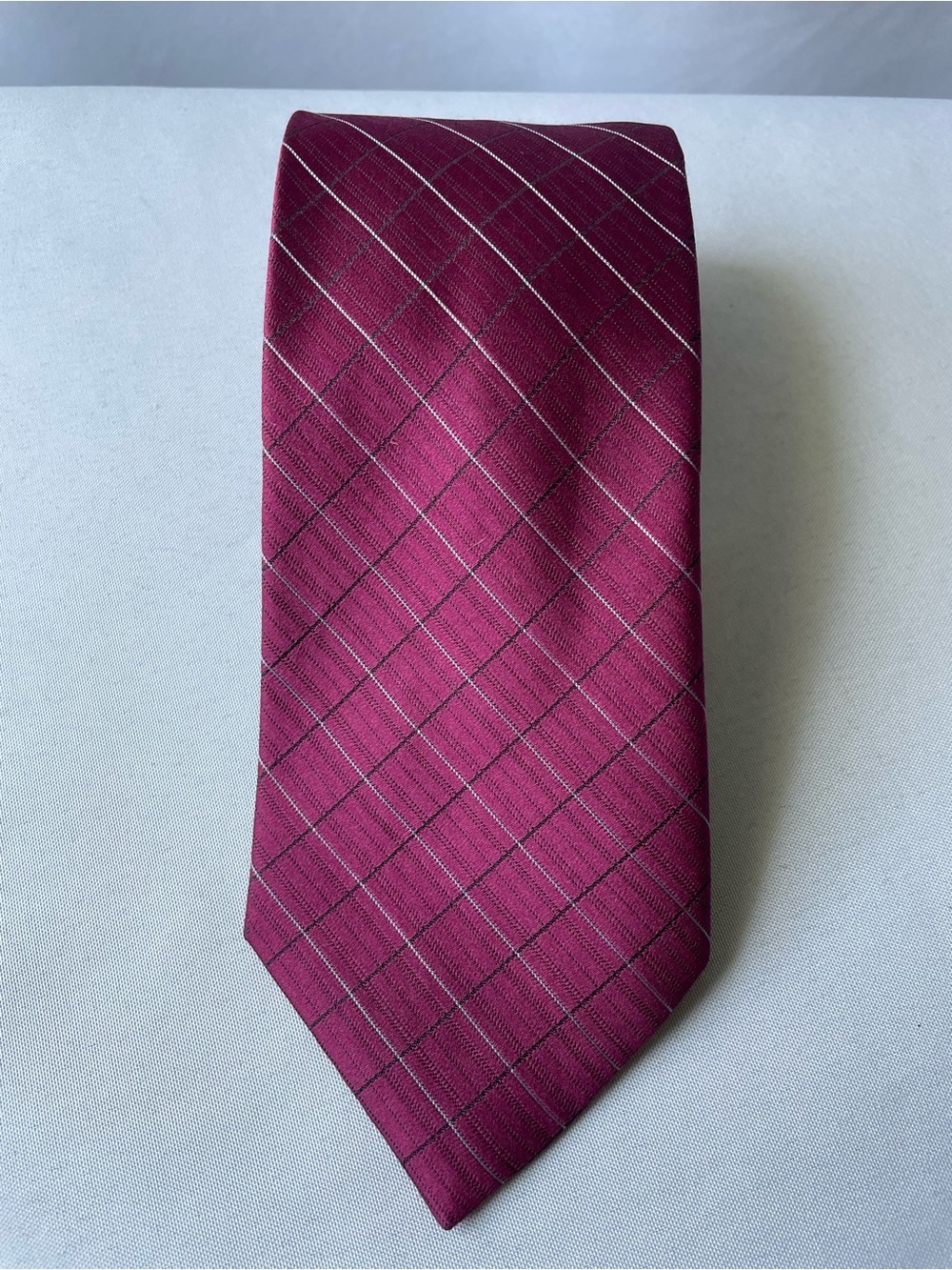 Calvin Klein Deep Burgundy Plaid 100% Silk Tie